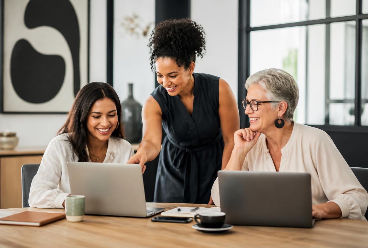 Trois entrepreneures échangent autour d'un ordinateur dans un espace de travail lumineux